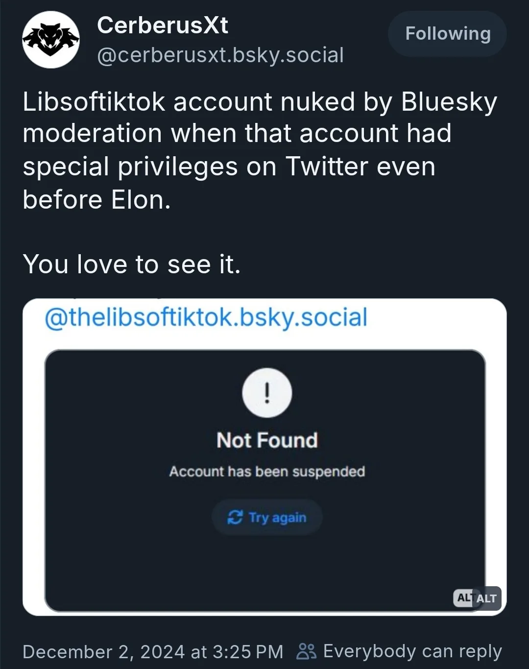 A screenshot of a Bluesky social media post by user CerberusXt showing a 'Not Found' error page for the account…