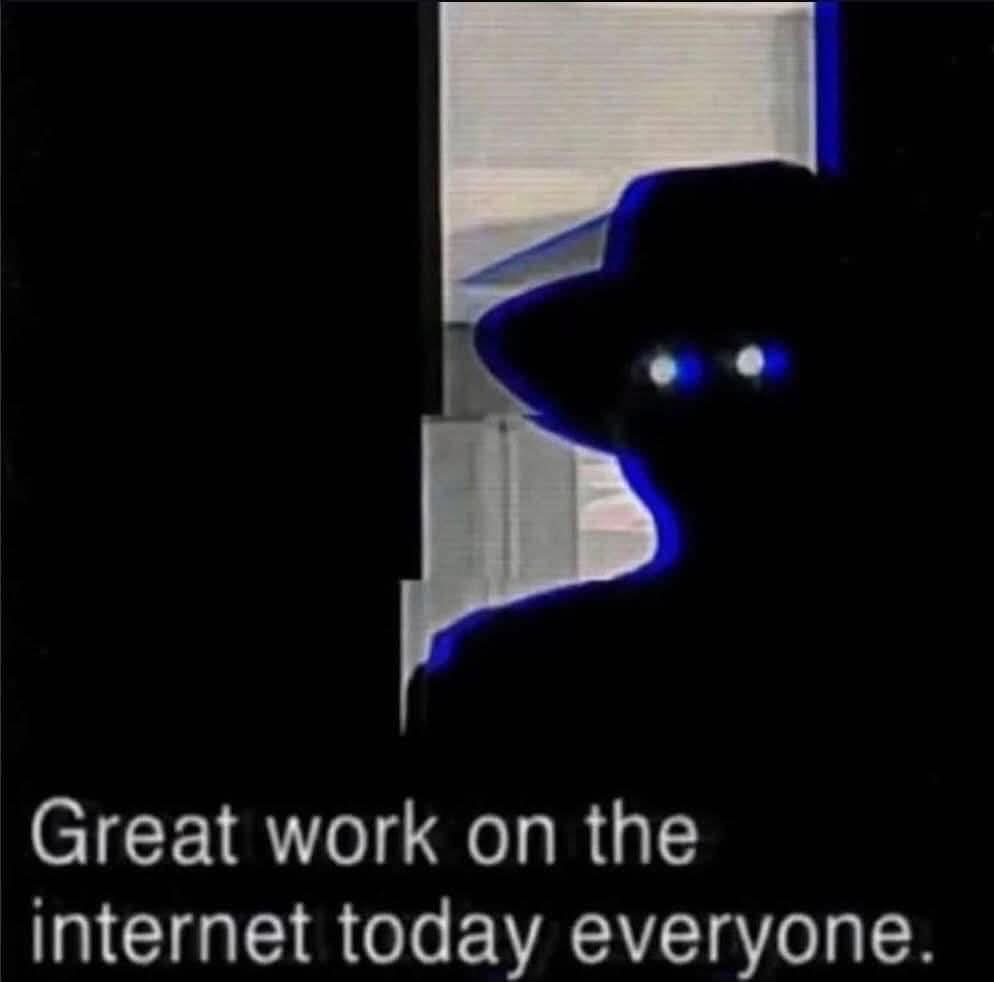 A dark silhouette of a figure wearing a fedora peeks from behind a doorway, glowing blue eyes visible in the darkness. White…