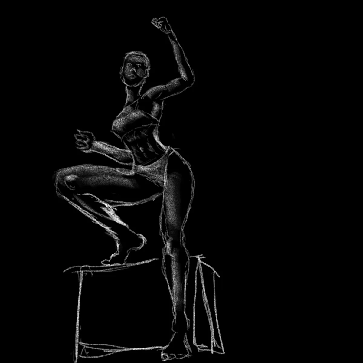 A chalk-like sketch of a muscular person in a dynamic, athletic pose, standing on a small platform with one leg bent and…