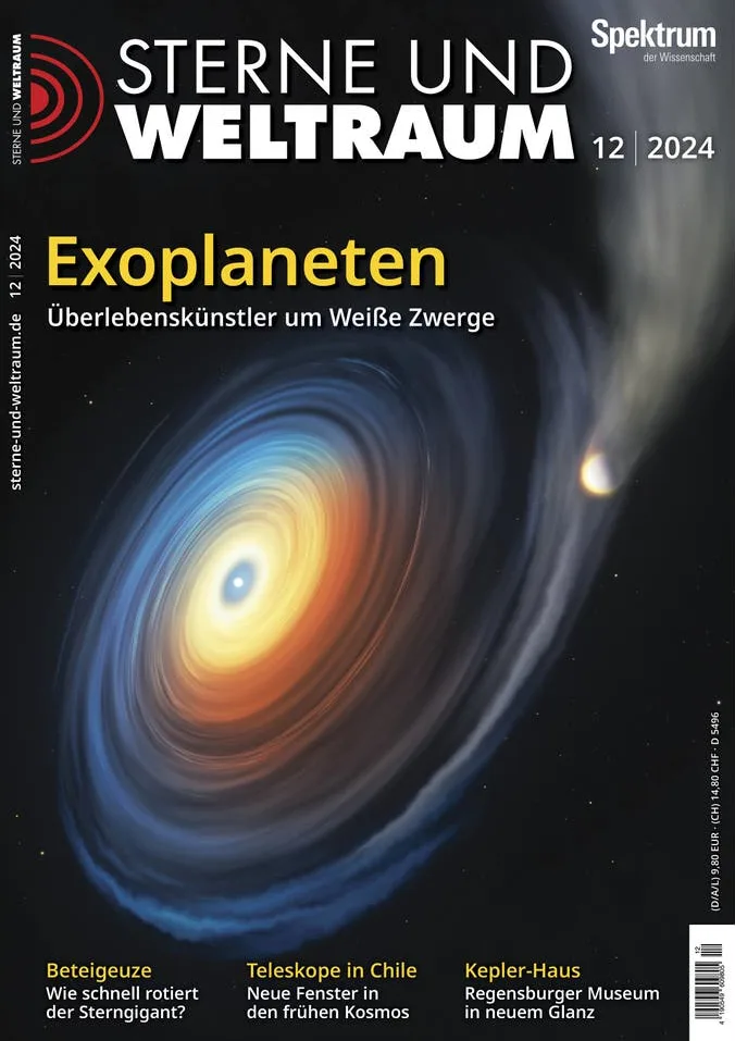 The image is the cover of the German science magazine 'Sterne und Weltraum', issue 12/2024. It features a vibrant, swirling…