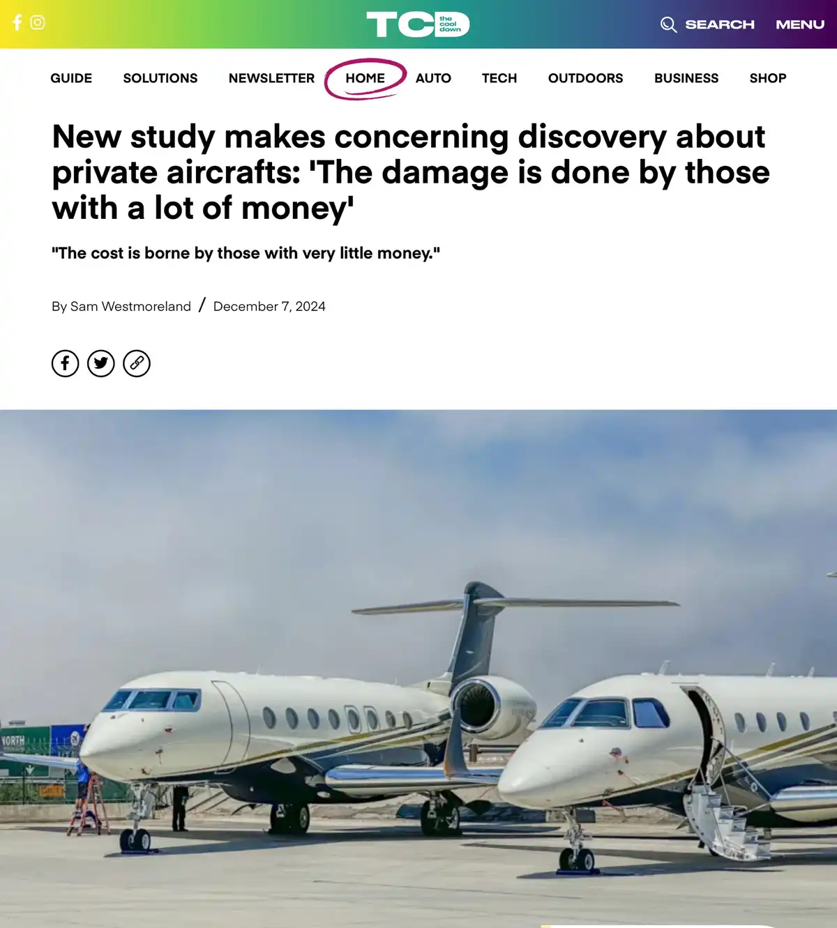 The image shows a screenshot of a fake news article from 'TC the cool down' with a headline about private aircrafts. The…
