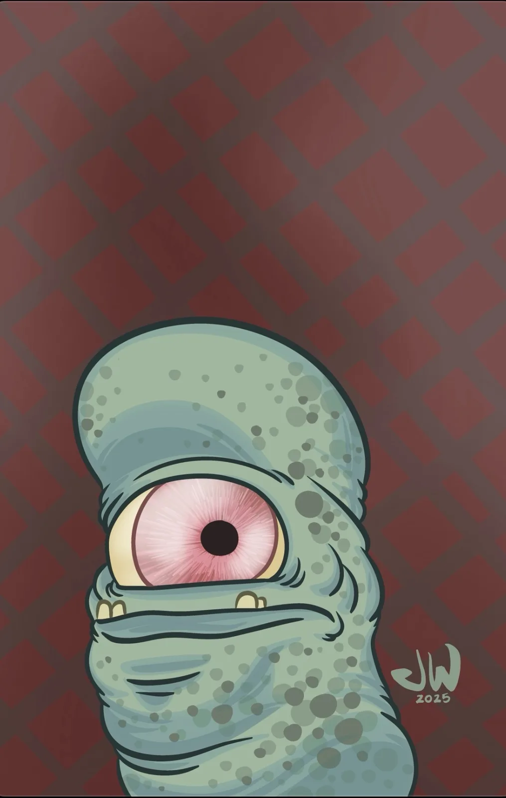 A cartoonish, green, one-eyed, slug-like creature with a large, pinkish eye and a bandaged mouth, set against a red and dark…