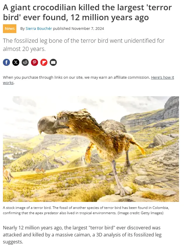 An illustration of a large, feathered terror bird standing in a rocky, grassy landscape with mountains in the background…