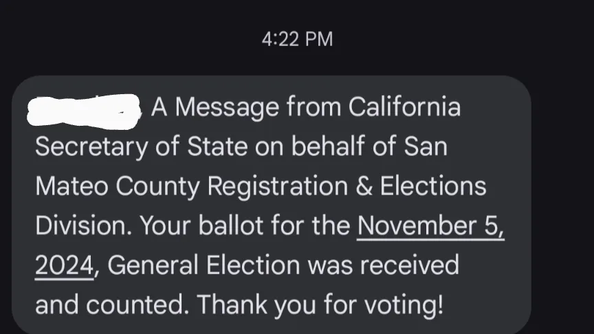 A screenshot of a text message notification from a California election office, showing a message that says 'Your ballot for…