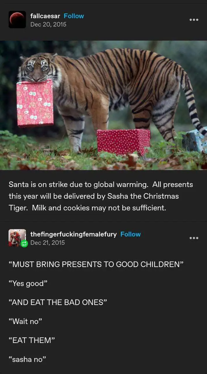 A tiger stands in a grassy area holding a red gift box in its mouth, with another red gift box on the ground nearby. The…