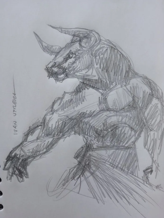 A rough pencil sketch of a muscular, horned bull in a dynamic pose, drawn on lined notebook paper with the artist's name…