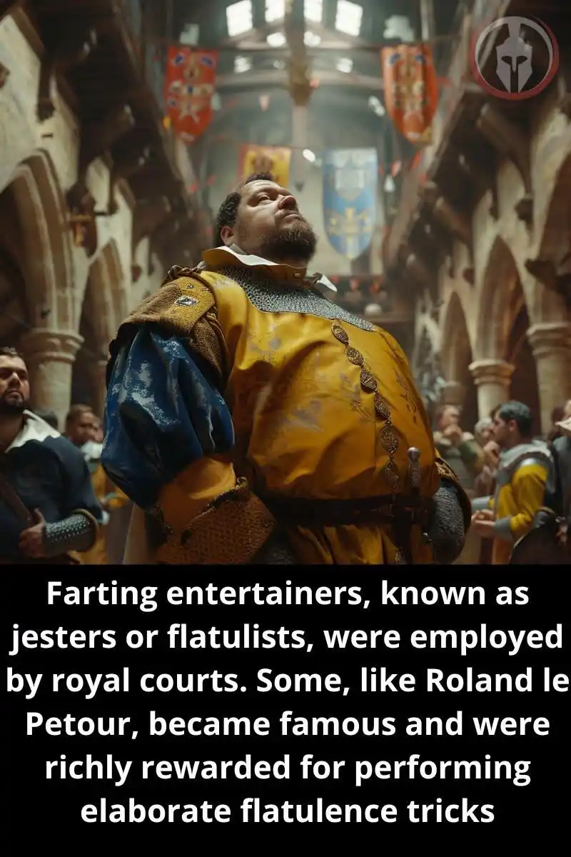A man in medieval-style armor and clothing stands in a grand hall with arched ceilings and banners, looking upward with a…