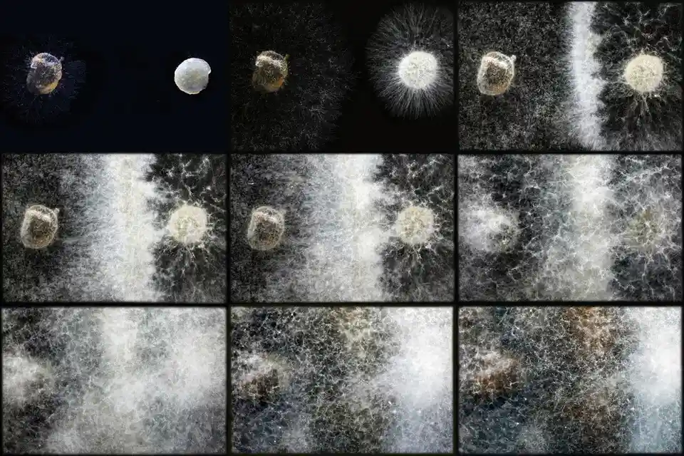 A grid of 12 images shows the progression of mold growth on a surface, starting with a small, barely visible spot and…