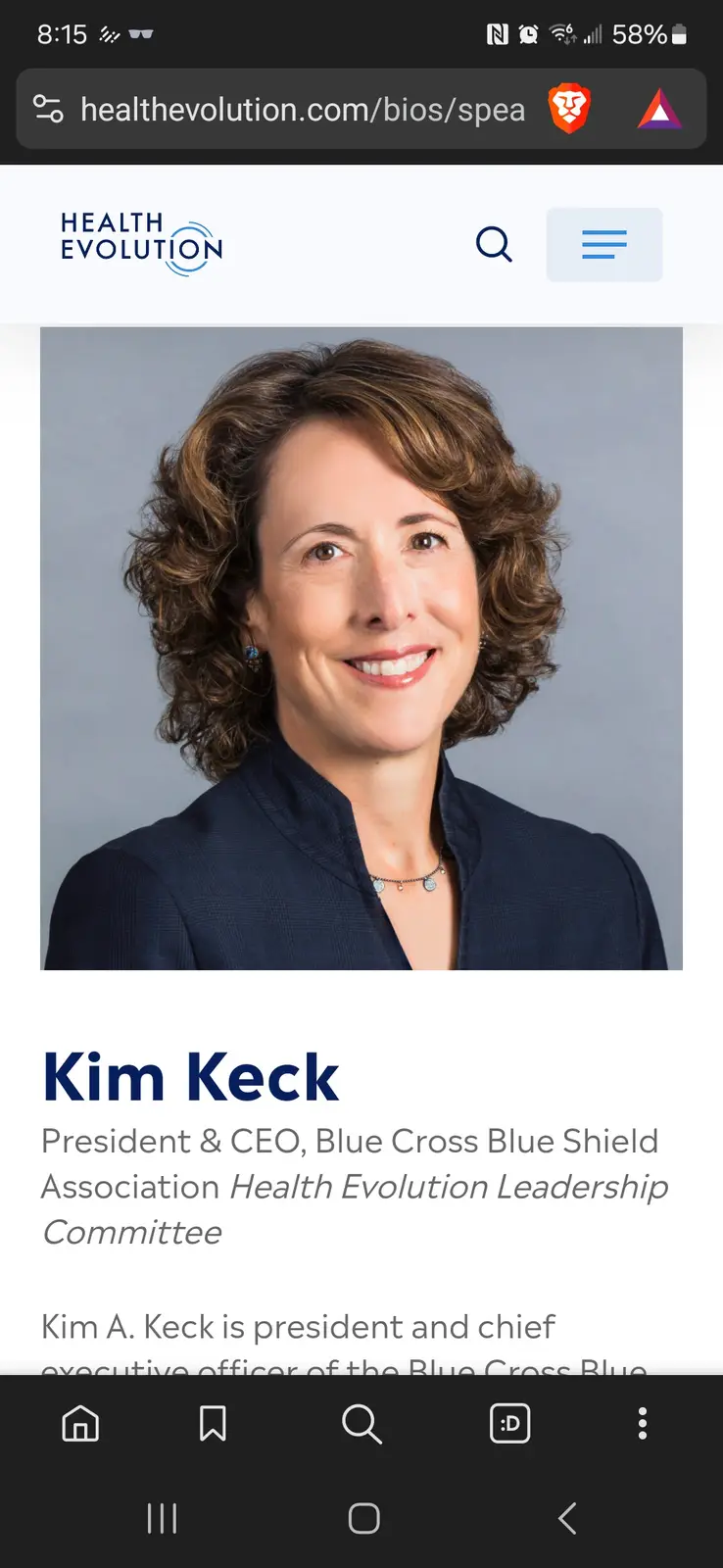 A screenshot of a professional bio page for Kim Keck, showing her headshot and title as President & CEO of Blue Cross Blue…