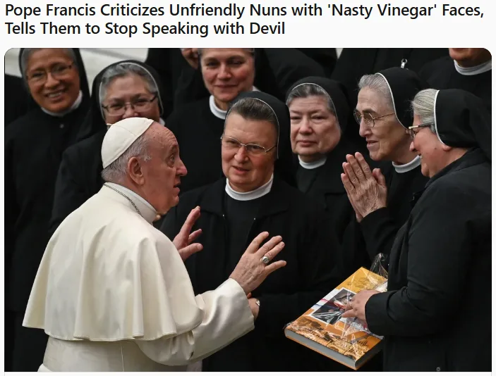 Pope Francis, in white papal attire, gestures while speaking to a group of nuns in black habits. Several nuns are visible…