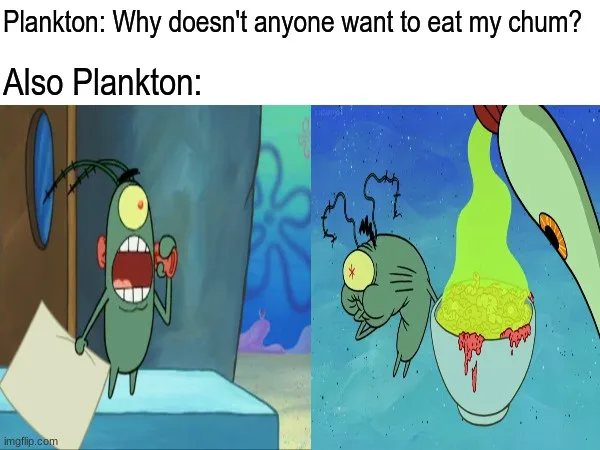 The image is split into two panels featuring the animated character Plankton from SpongeBob SquarePants. In the left panel…