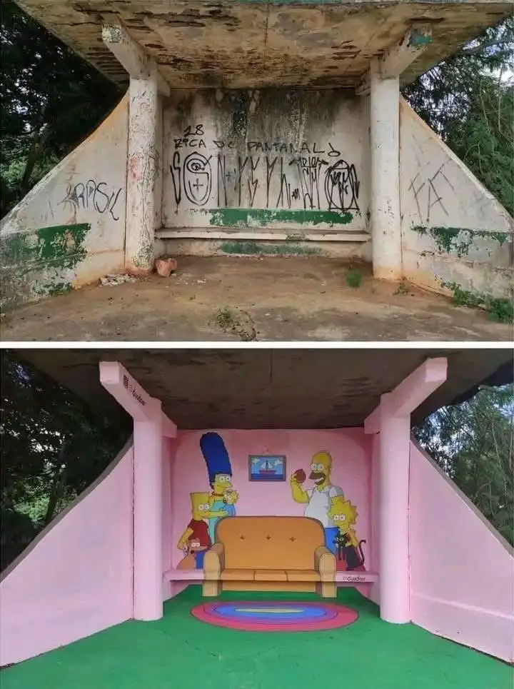 The top image shows a dilapidated, graffiti-covered concrete structure with faded paint and visible decay. The bottom image…
