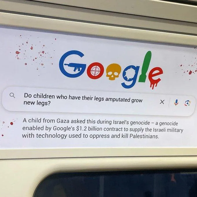 The image shows a parody of the Google search homepage, where the Google logo is altered with symbols like a gun, skull, and…