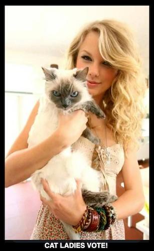 A blonde woman with wavy hair holds a fluffy, blue-eyed cat with dark points on its face and ears. The image has bold white…