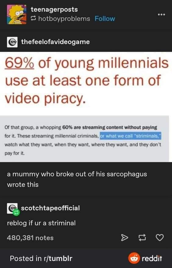A screenshot of a Tumblr post showing a statistic claiming 69% of young millennials use video piracy, with a subtext calling…