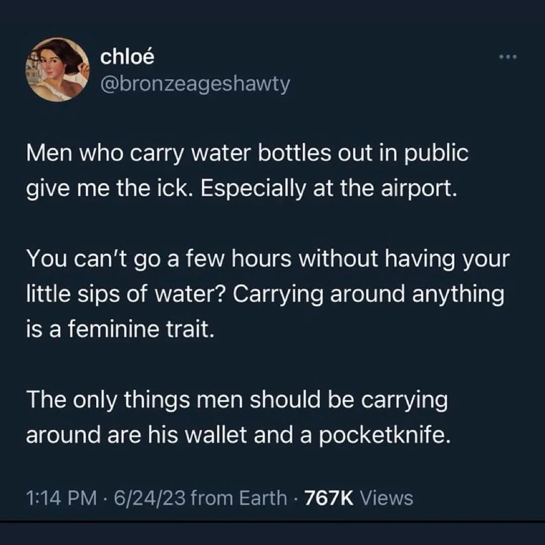 A screenshot of a tweet by user 'chloé' (@bronzeageshawty) expressing disdain for men carrying water bottles in public…