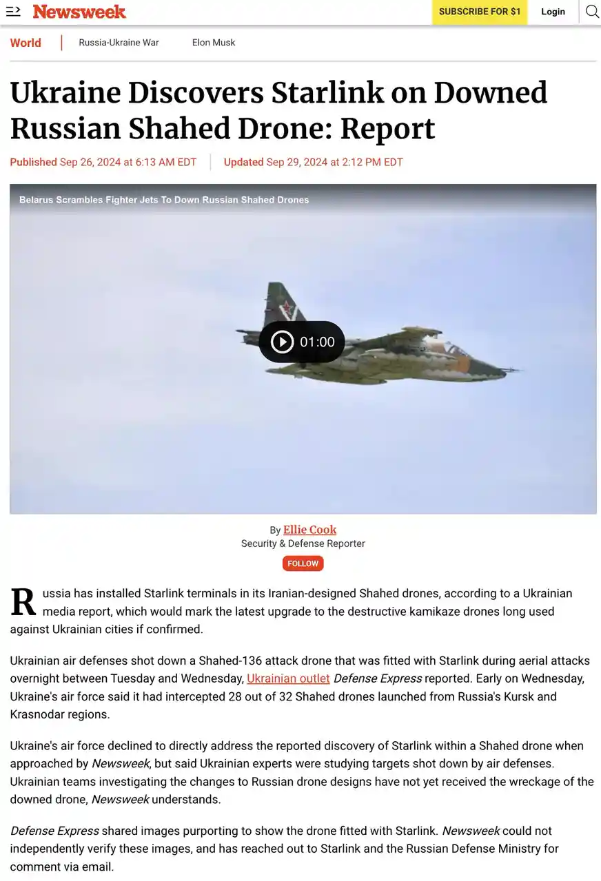 A screenshot of a Newsweek article headline about Ukraine discovering Starlink terminals on a downed Russian Shahed drone…