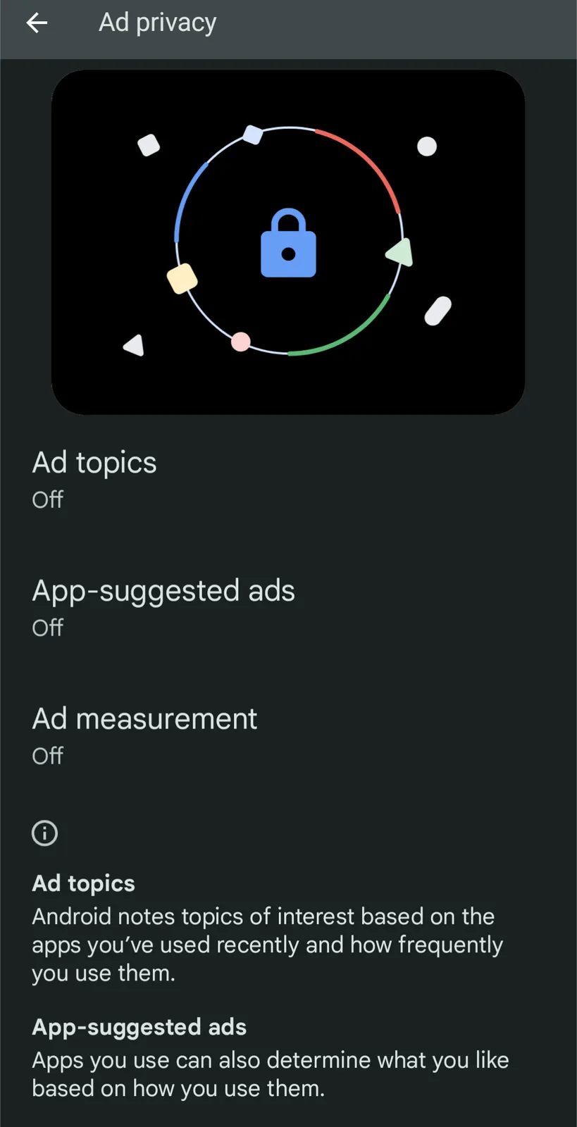 A screenshot of an Android 'Ad privacy' settings page, showing three privacy options — 'Ad topics', 'App-suggested ads', and…