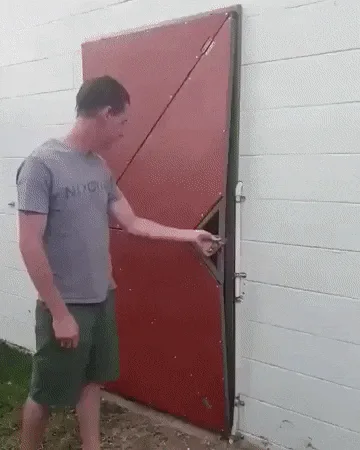 A six-panel image sequence shows a man in a grey t-shirt and green shorts opening a red, angular, folding door that unfolds…