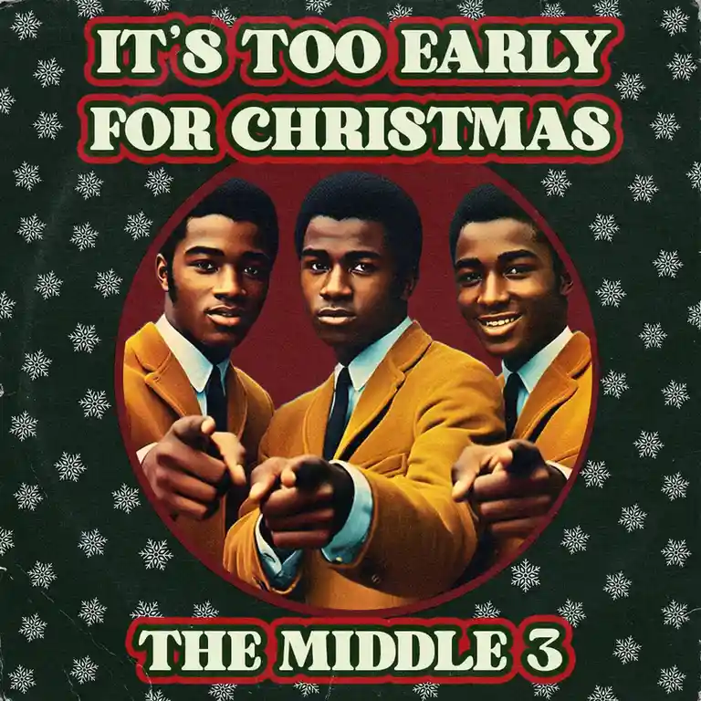 The image shows a vintage-style album cover with three young Black men in matching mustard-yellow suits and light blue…
