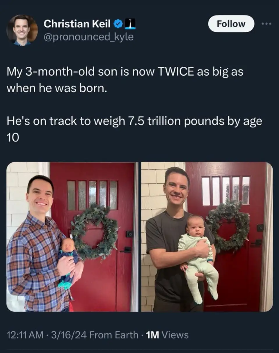 A side-by-side photo shows a man holding a newborn baby in the left panel and the same man holding a visibly larger…