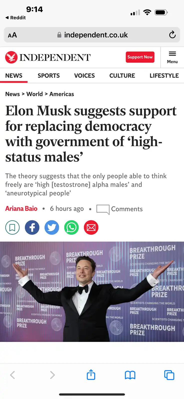 A screenshot of a fake news article from the Independent.co.uk, featuring a photo of Elon Musk in a tuxedo with arms…