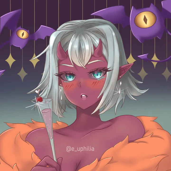 An anime-style illustration of a pink-skinned girl with silver hair, small horns, and pointed ears, wearing an orange fur…