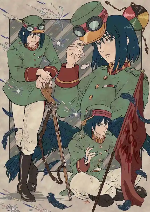 Three anime-style characters in green military uniforms with goggles and feathered wings stand or kneel around a rifle and a…