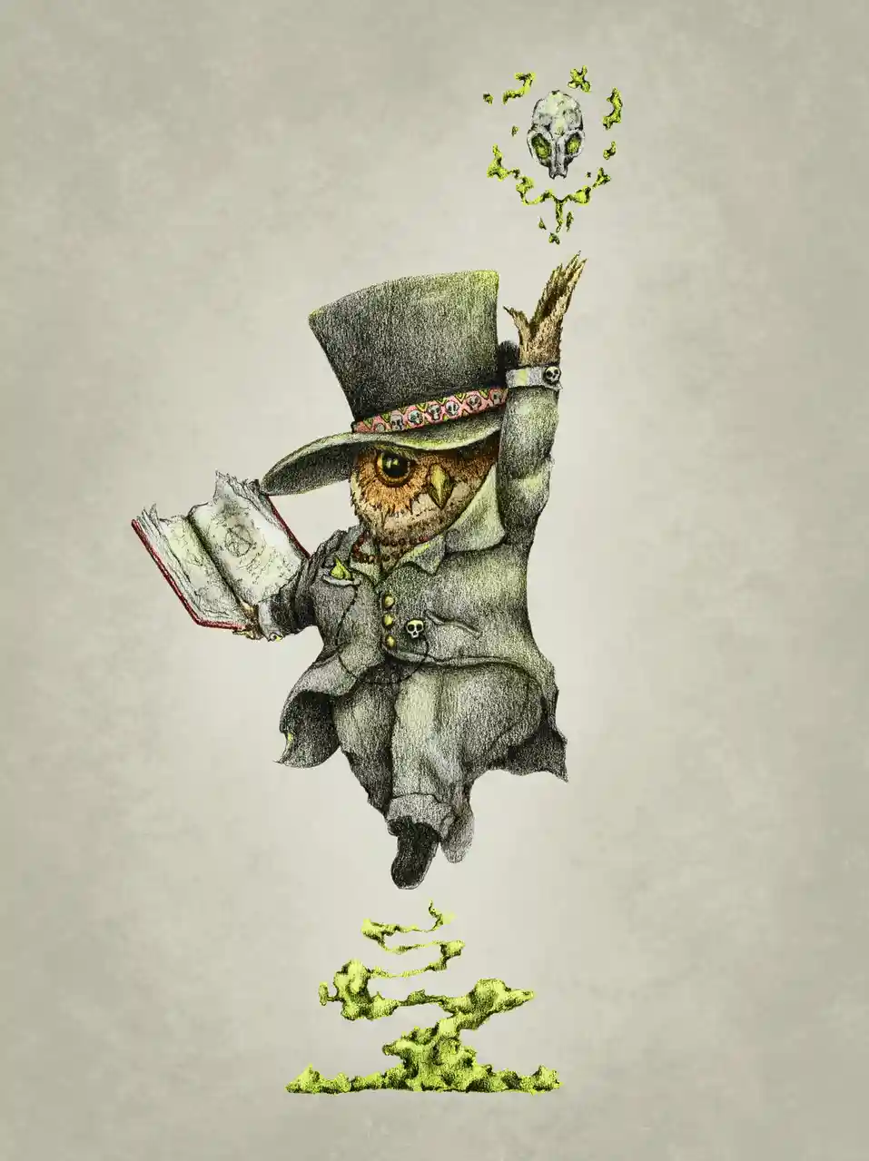 An anthropomorphic owl dressed in a top hat and formal coat, holding a book and levitating with a skull floating above its…