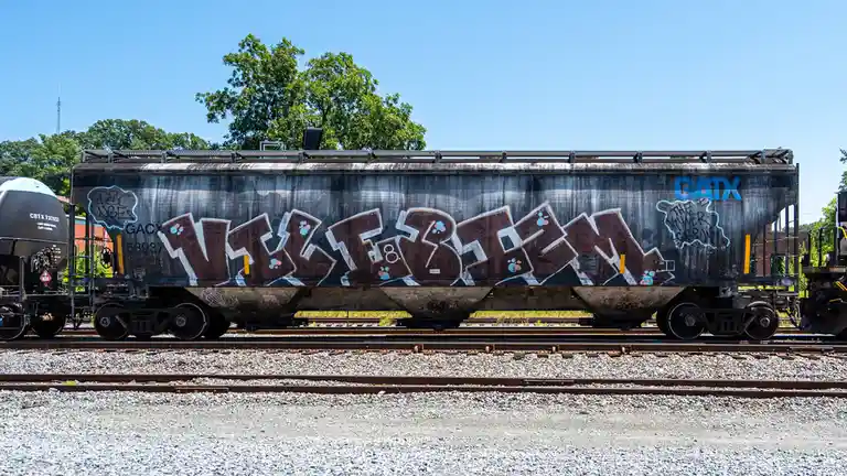 A weathered black freight train car covered in graffiti, prominently featuring the word 'VILLAGE' in large brown and white…