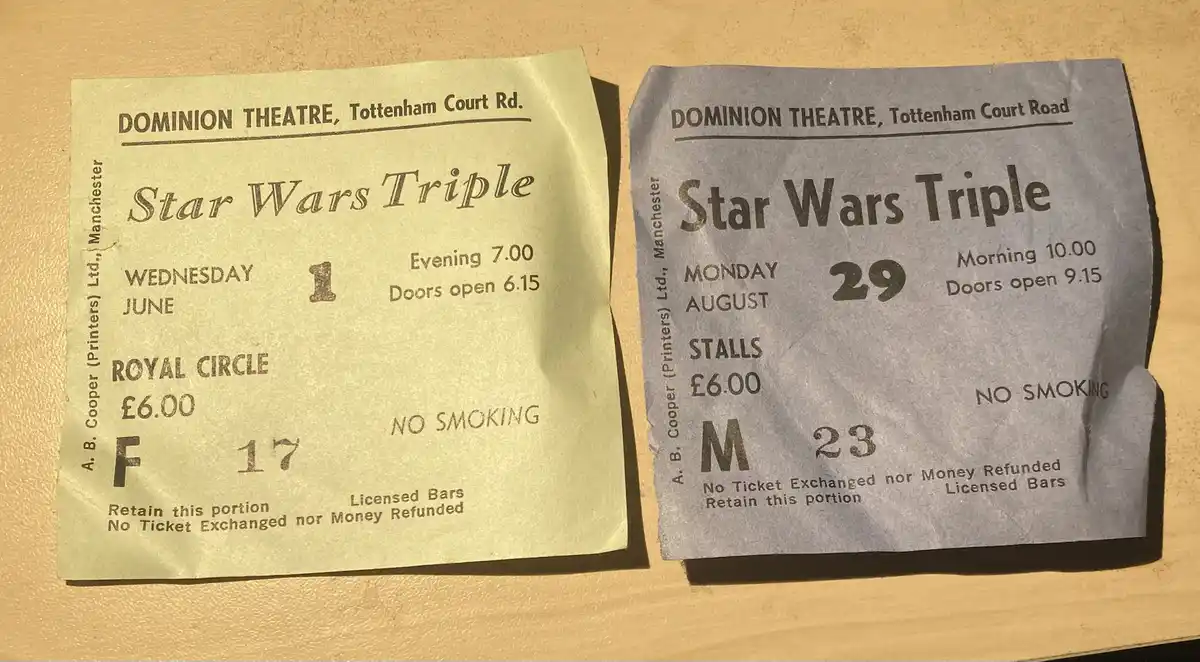 Two vintage paper theater tickets for the 'Star Wars Triple' at the Dominion Theatre, one for a June 1 evening showing in…