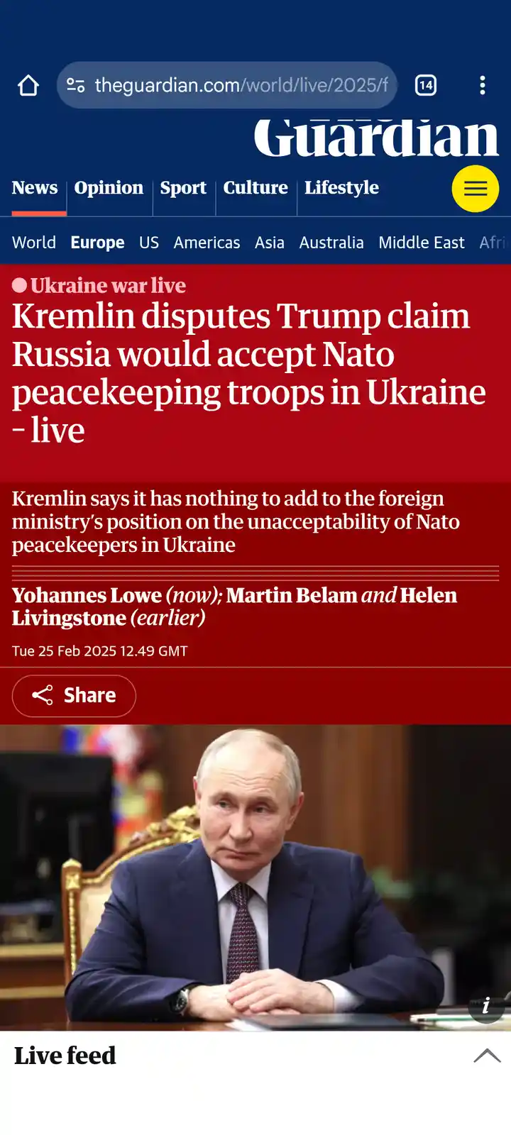 A screenshot of a Guardian news article from February 25, 2025, featuring a photo of Vladimir Putin sitting at a desk. The…