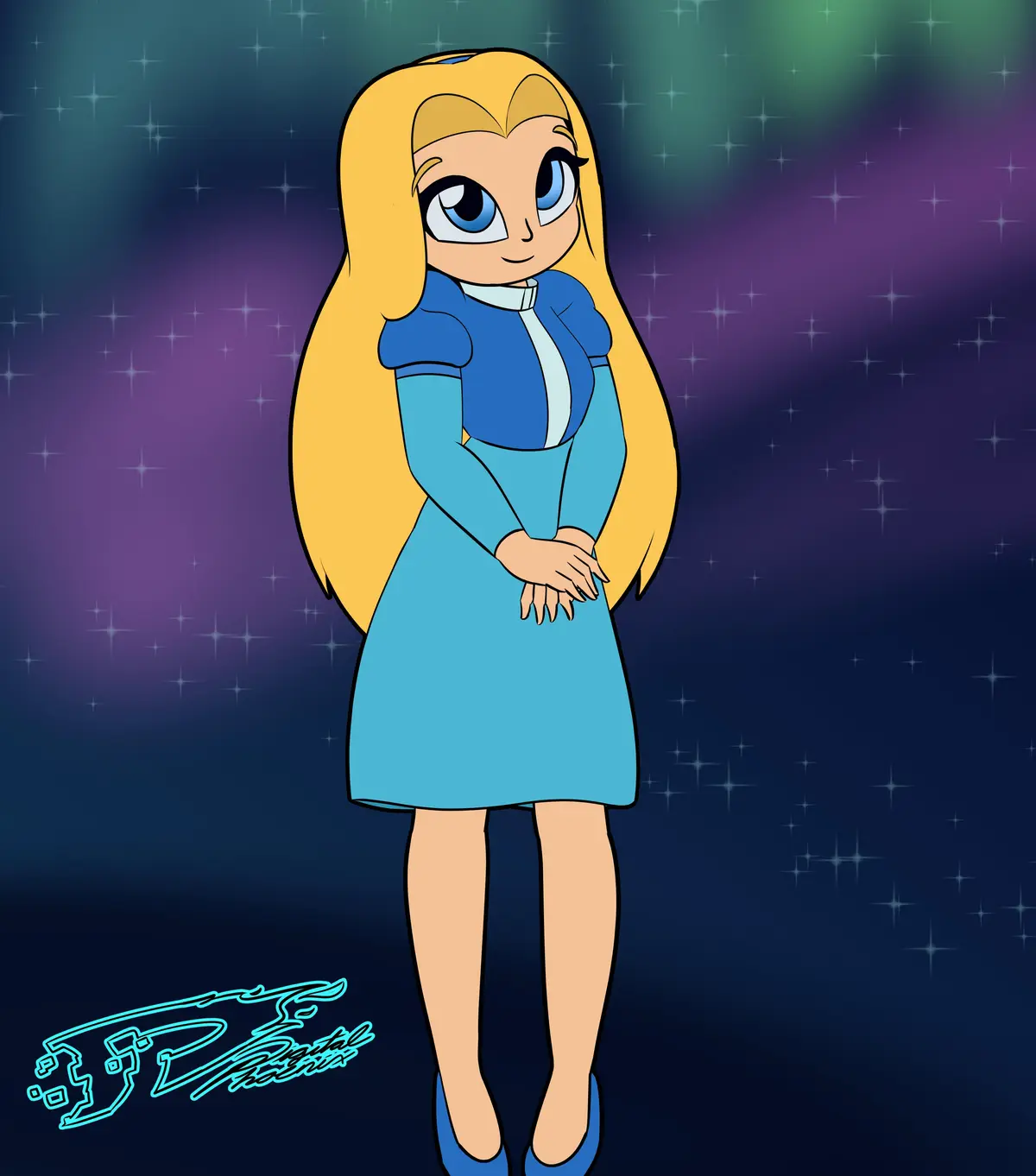 A cartoon girl with long blonde hair and blue eyes stands against a starry, gradient background of purple, blue, and green…