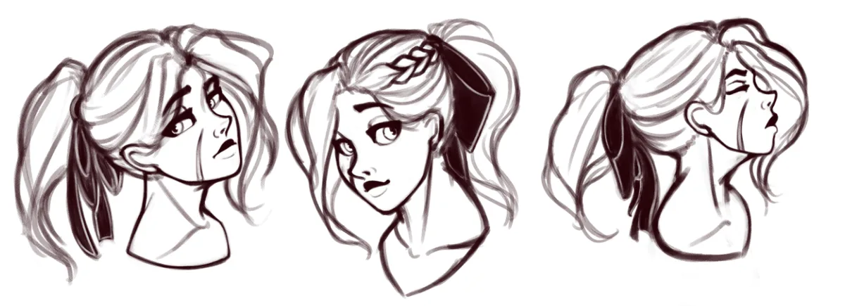 Three black-and-white sketches of a woman's head with different hairstyles and expressions: left, a pensive look with…