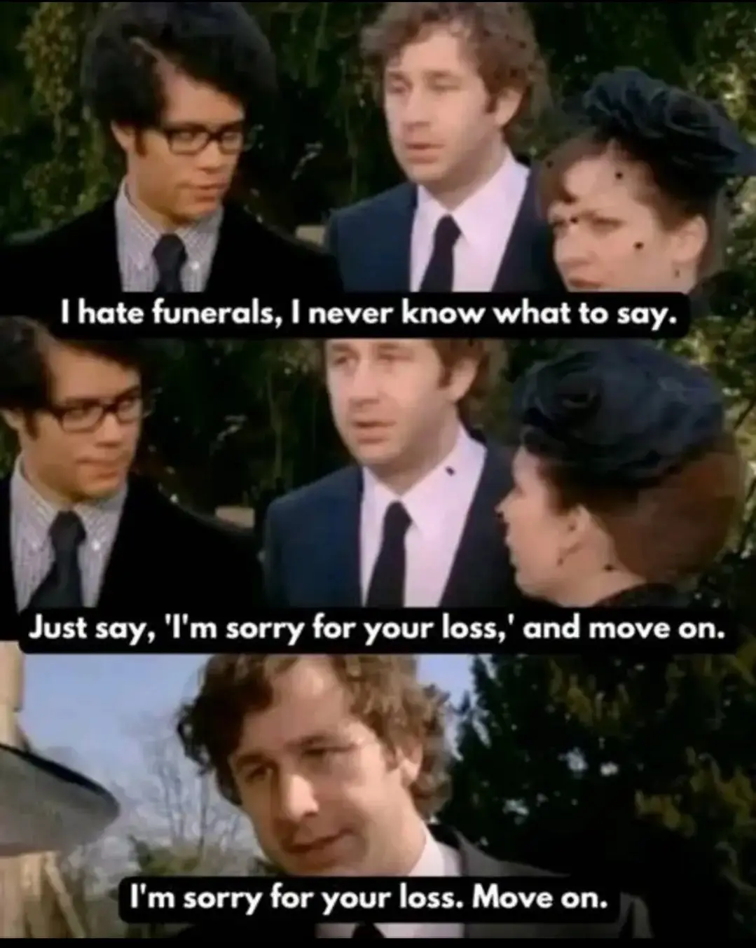 Three panels from a vintage TV show show characters at a funeral. In the first, a man says he hates funerals and doesn't…