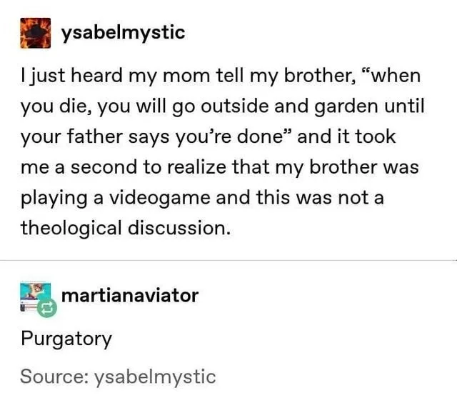 A screenshot of a Reddit post by user ysabelmystic, where they recount hearing their mom tell their brother a line about…