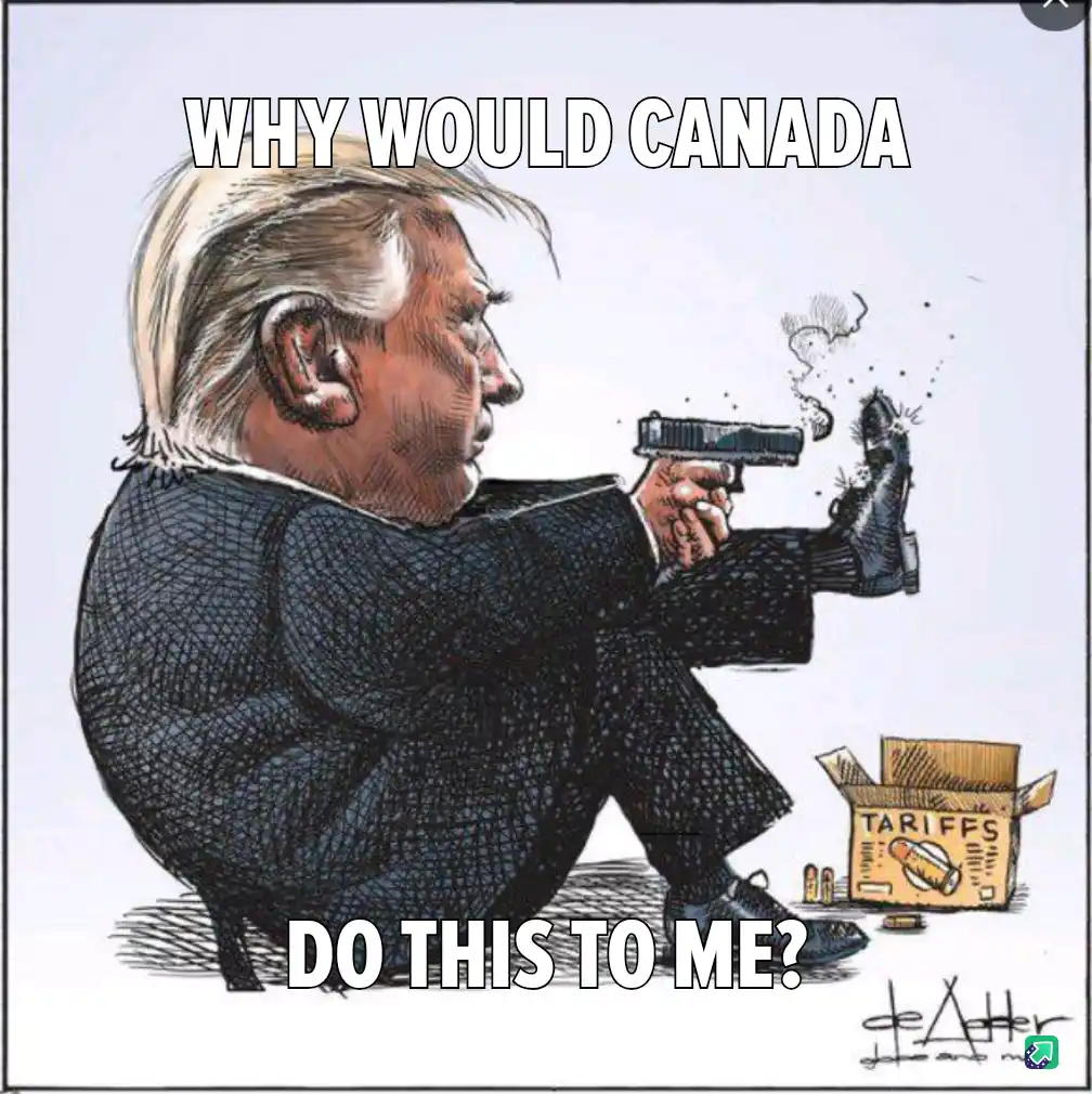 A cartoon depicts a caricature of Donald Trump sitting down, holding a handgun and firing it at his own boot. A box labeled…
