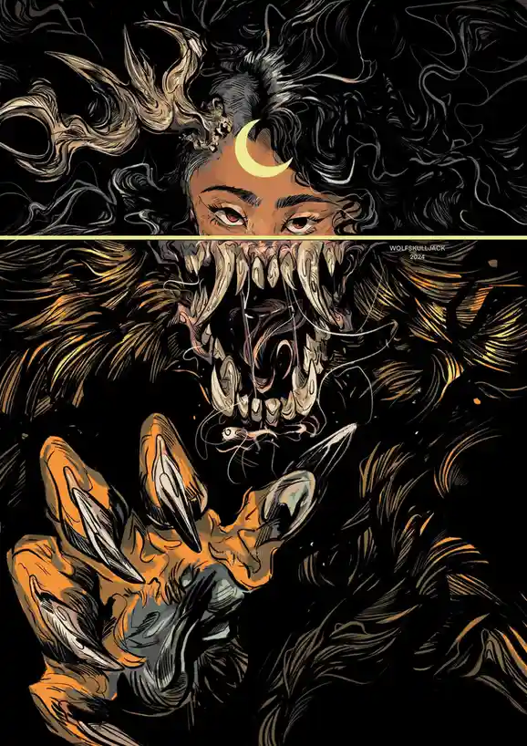 The image is a two-panel illustration. The top panel shows a woman with dark, flowing hair, red eyes, and a crescent moon on…
