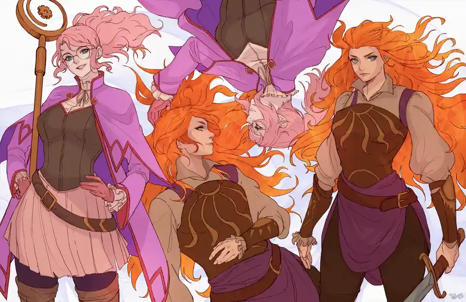 An anime-style illustration shows three female characters in fantasy attire, one with pink hair holding a staff, another…