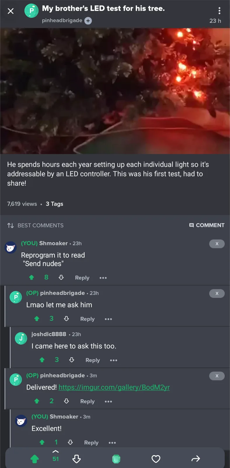 A screenshot of a Reddit post showing a close-up of a Christmas tree with red LED lights glowing, accompanied by text…