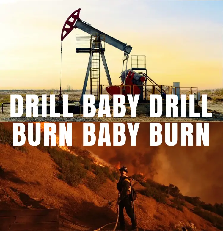 The image is split horizontally: the top half shows an oil pumpjack against a sunset sky, while the bottom half depicts a…
