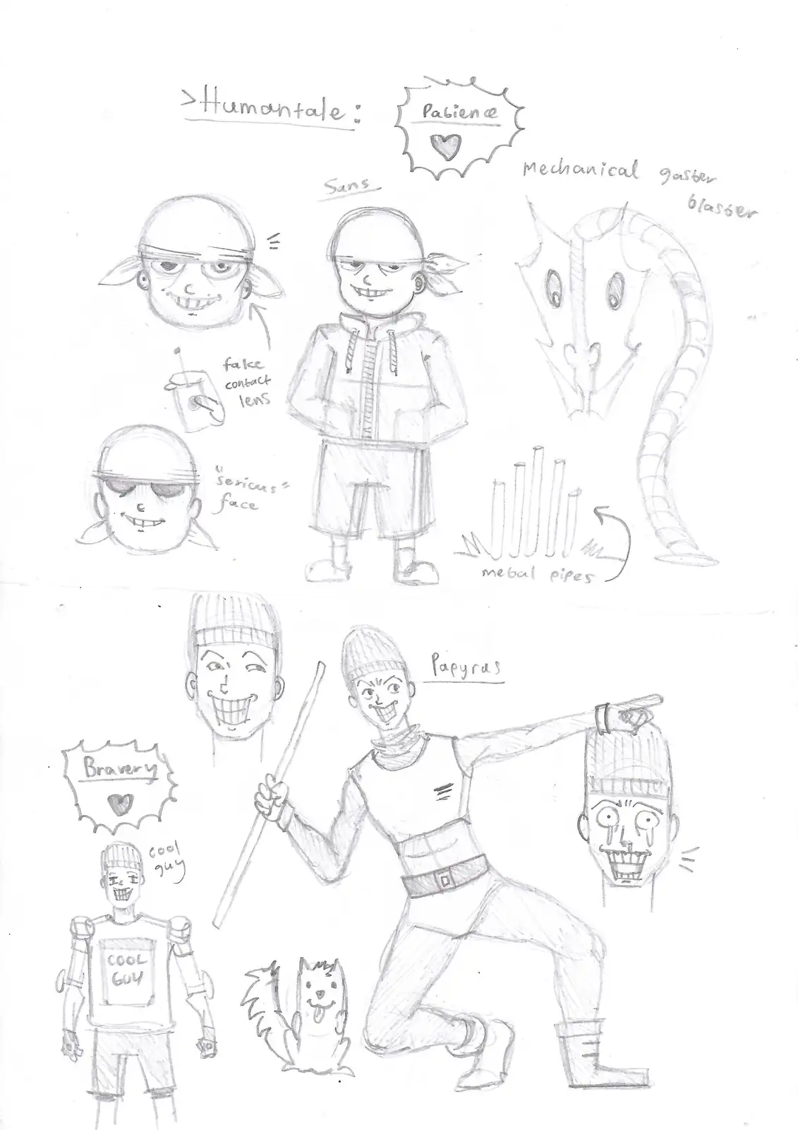 A hand-drawn sketch sheet features two characters from 'Undertale': Sans, shown with a full-body design, facial expressions…