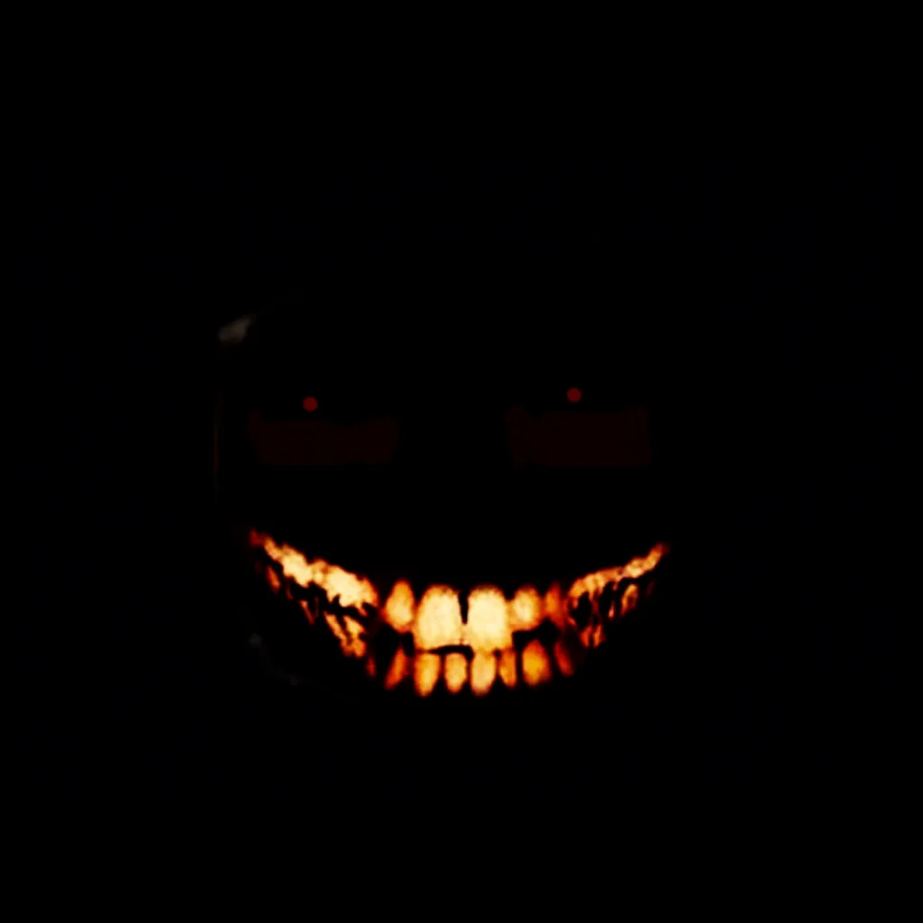 A dark, silhouetted figure with glowing red eyes and a wide, jagged grin illuminated from within, set against a black…