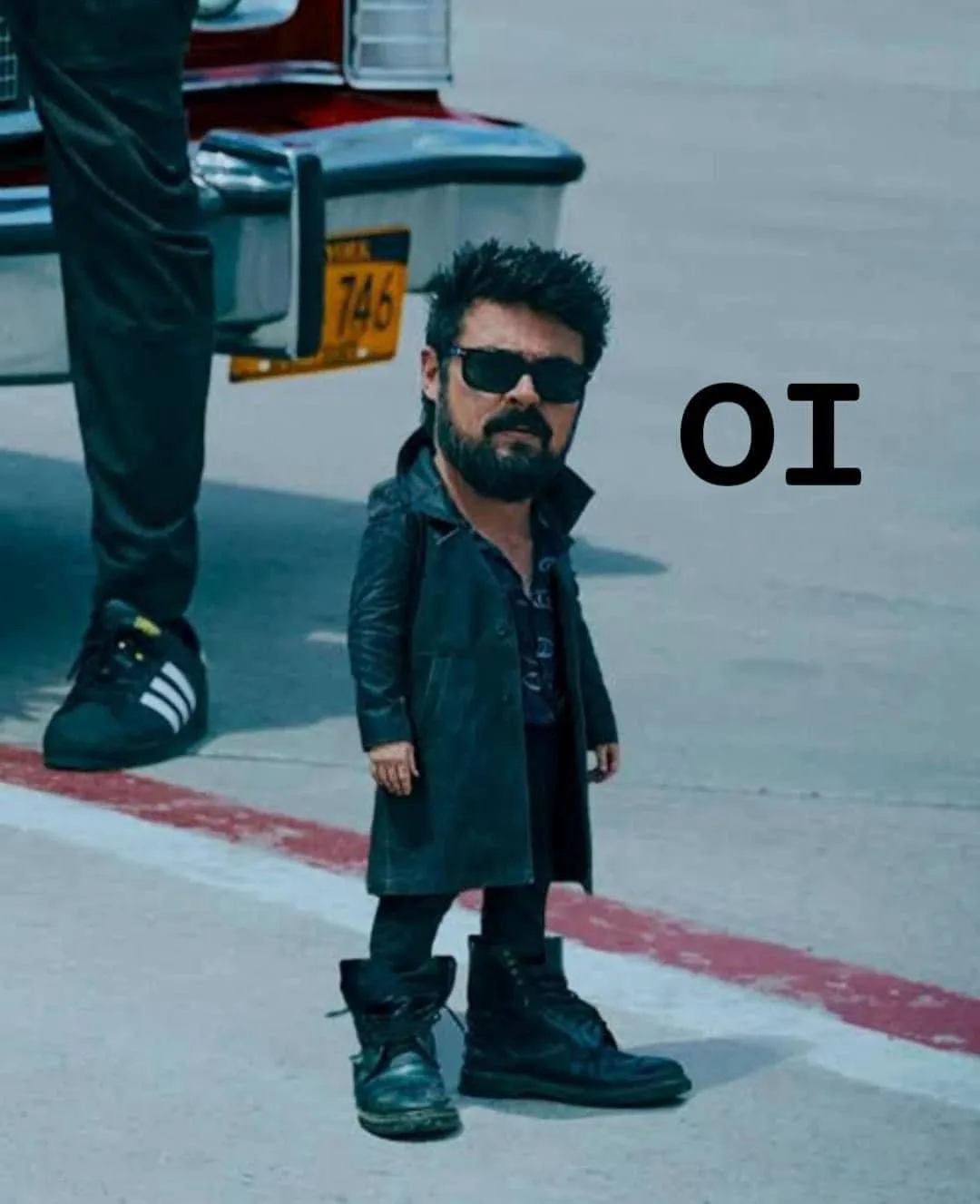 A digitally altered image shows a small, child-sized figure of a man with a beard and sunglasses, wearing a long coat and…
