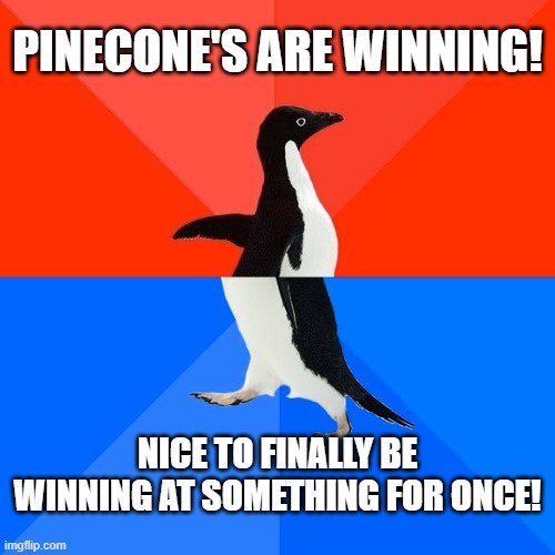 A penguin stands in a split red and blue background, looking upward with a triumphant expression. The top text reads…