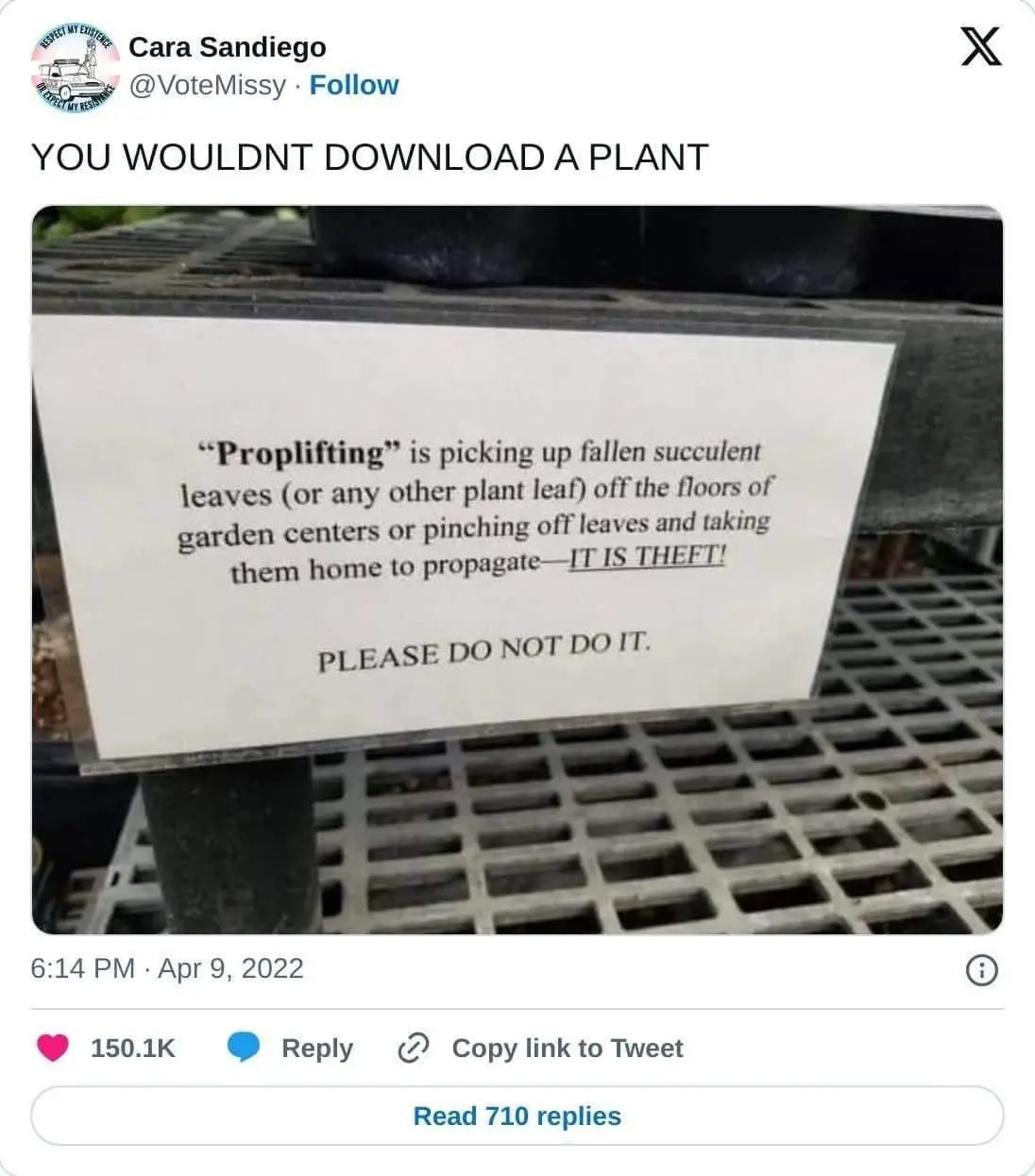 A screenshot of a tweet showing a sign from a garden center that defines 'proplifting' as picking up fallen succulent leaves…