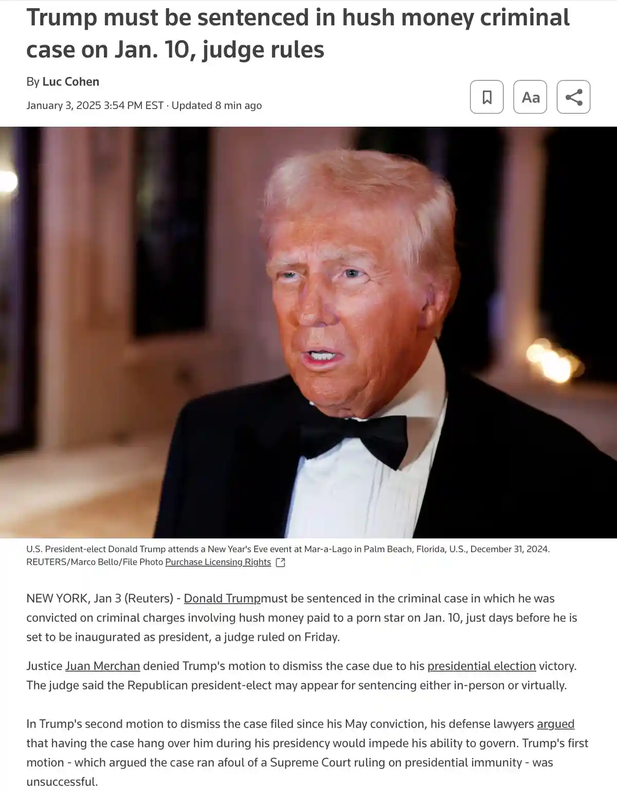 A screenshot of a Reuters news article shows a photo of Donald Trump in a tuxedo, with the headline 'Trump must be sentenced…