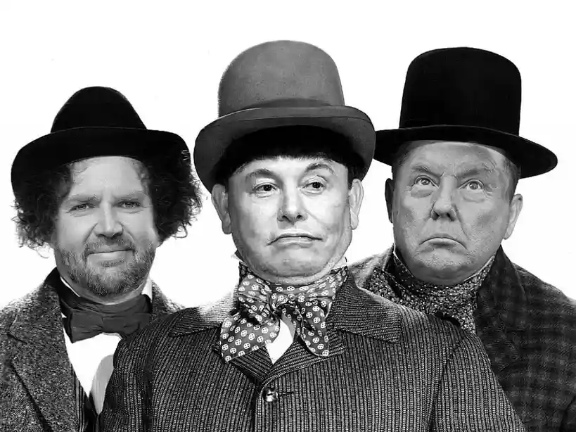 A black-and-white photo of three men in vintage hats and bowties, with the central figure having a stern expression. The…