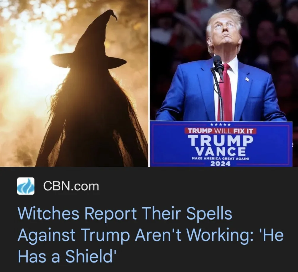 The image is a split-screen meme. On the left, a silhouette of a witch in a pointed hat stands against a bright, hazy…
