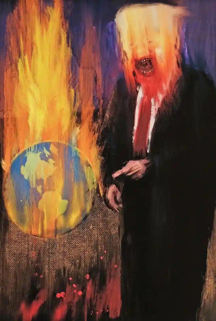 A stylized, fiery painting depicts a figure resembling Donald Trump in a suit, screaming with an orange-red face, standing…